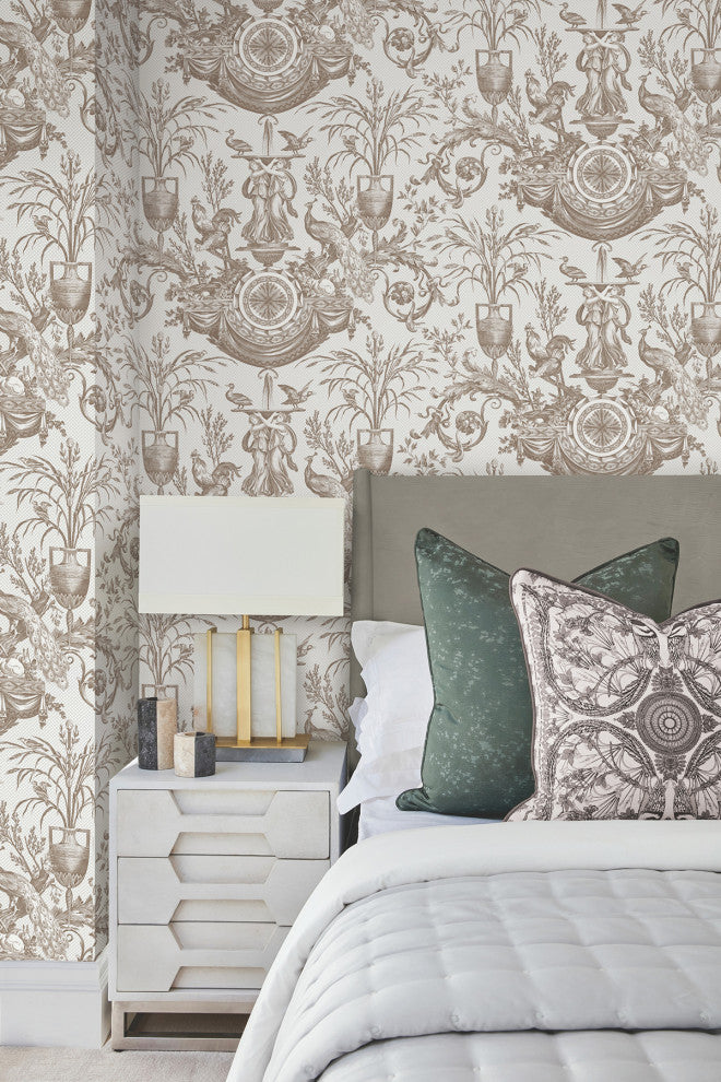 Avian Fountain Toile Mink Wallpaper
