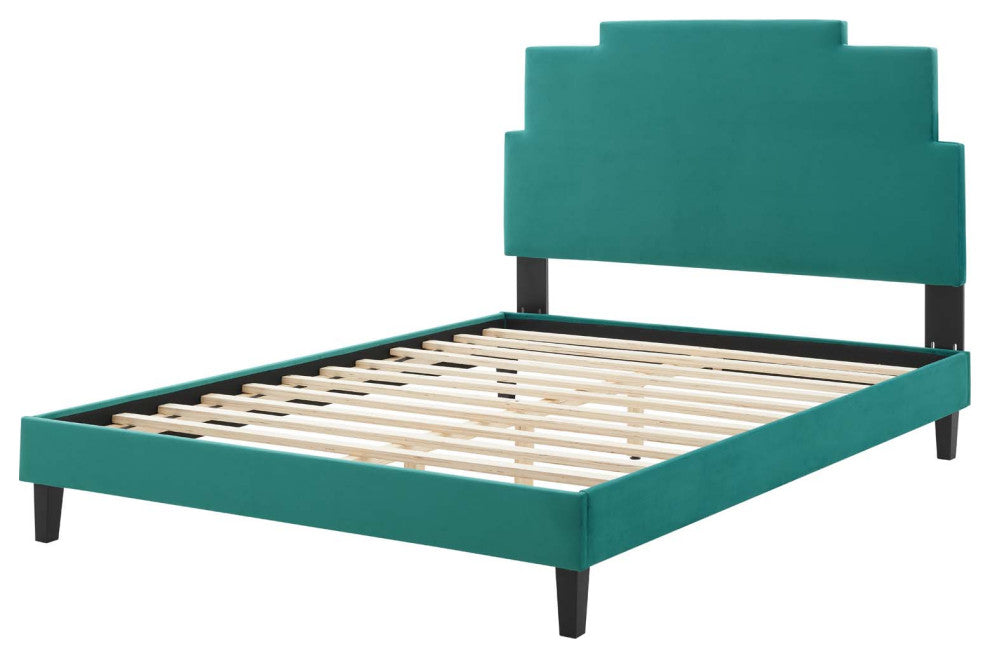 Platform Bed Frame, King Size, Velvet, Teal Blue, Modern Contemporary, Bedroom