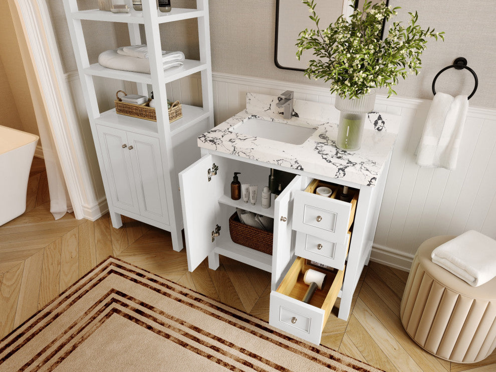 Nashville 36" Left Offset Bath Vanity, White 2" Calacatta Laza