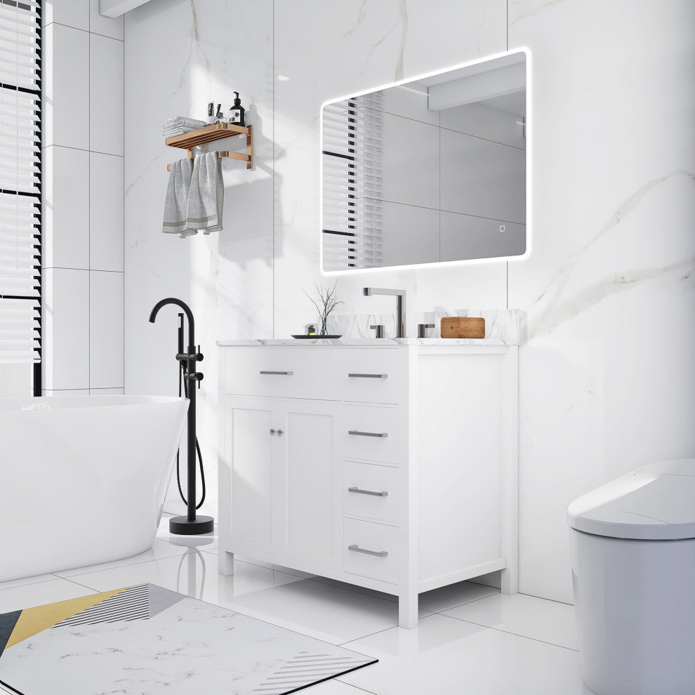 36" W x 22" D x 33" H Bath Vanity, White With Carrara White Marble