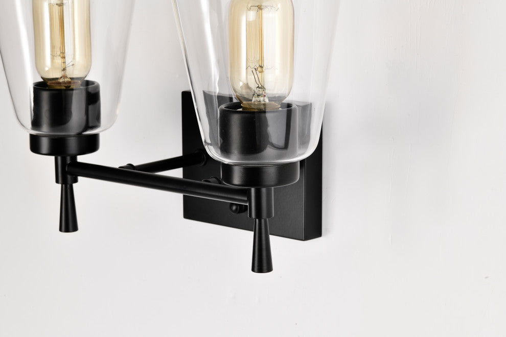 13 in. 2-Lights Matte Black Vanity Light With Clear Glass Cone Shades