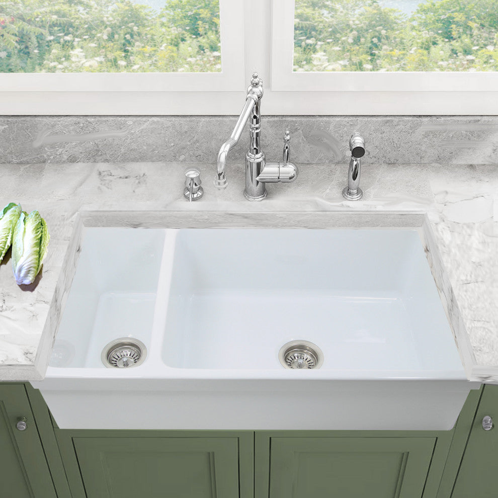 90/10 Reversible Double Bowl Italian Fireclay Farmhouse Sink