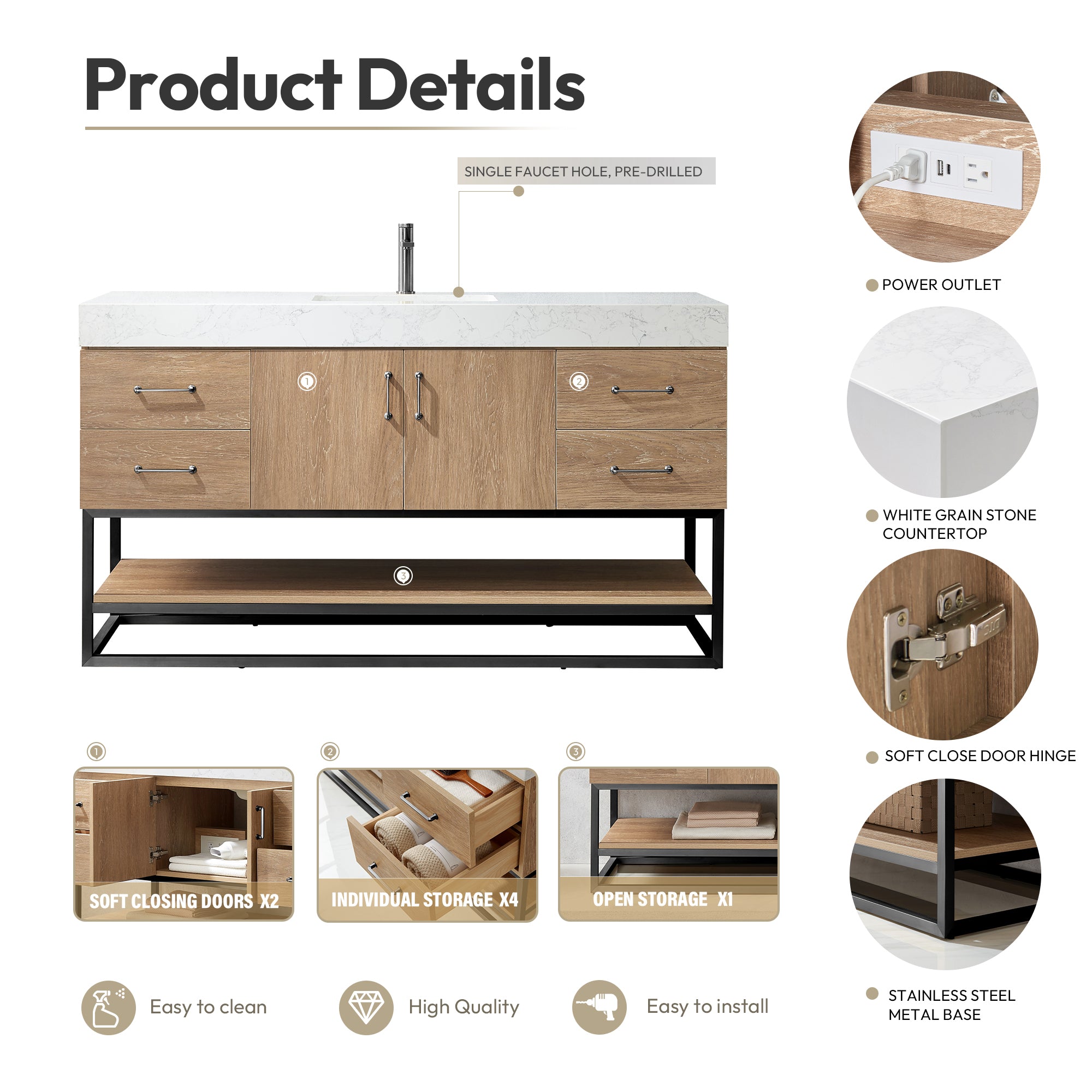 Alistair Vanity, North American Oak, Matte Black Hardware, 60" Single Sink, With Mirror