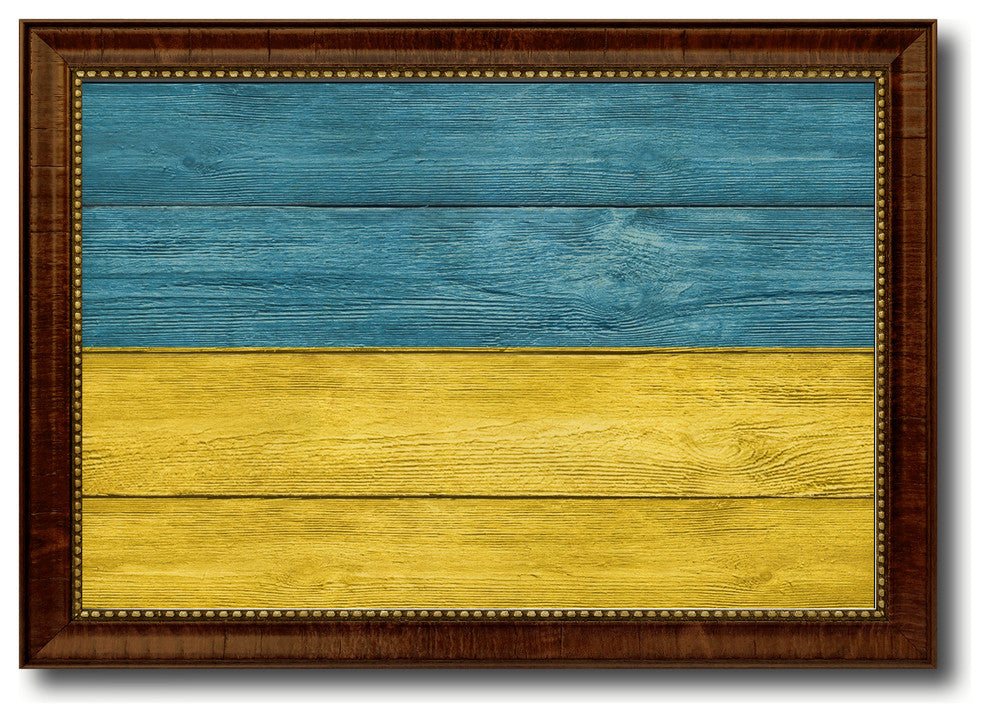 Ukraine Country Textured Flag Print With Brown Gold Frame, 19"X27"