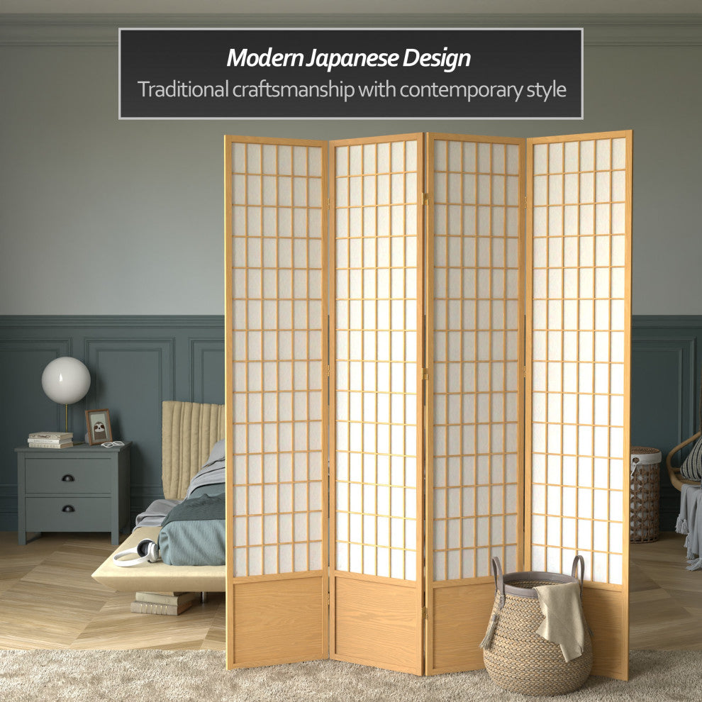 7' Tall Window Pane Shoji Screen, Natural, 4 Panels