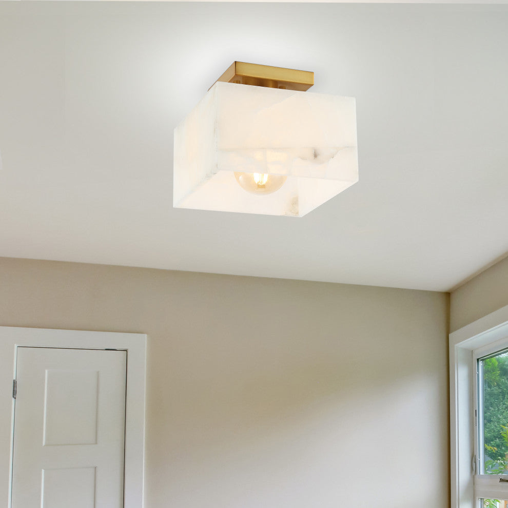 Chiara 8" 1-Light Modern Contemporary Alabaster/Iron Square LED Semi Flush Mount