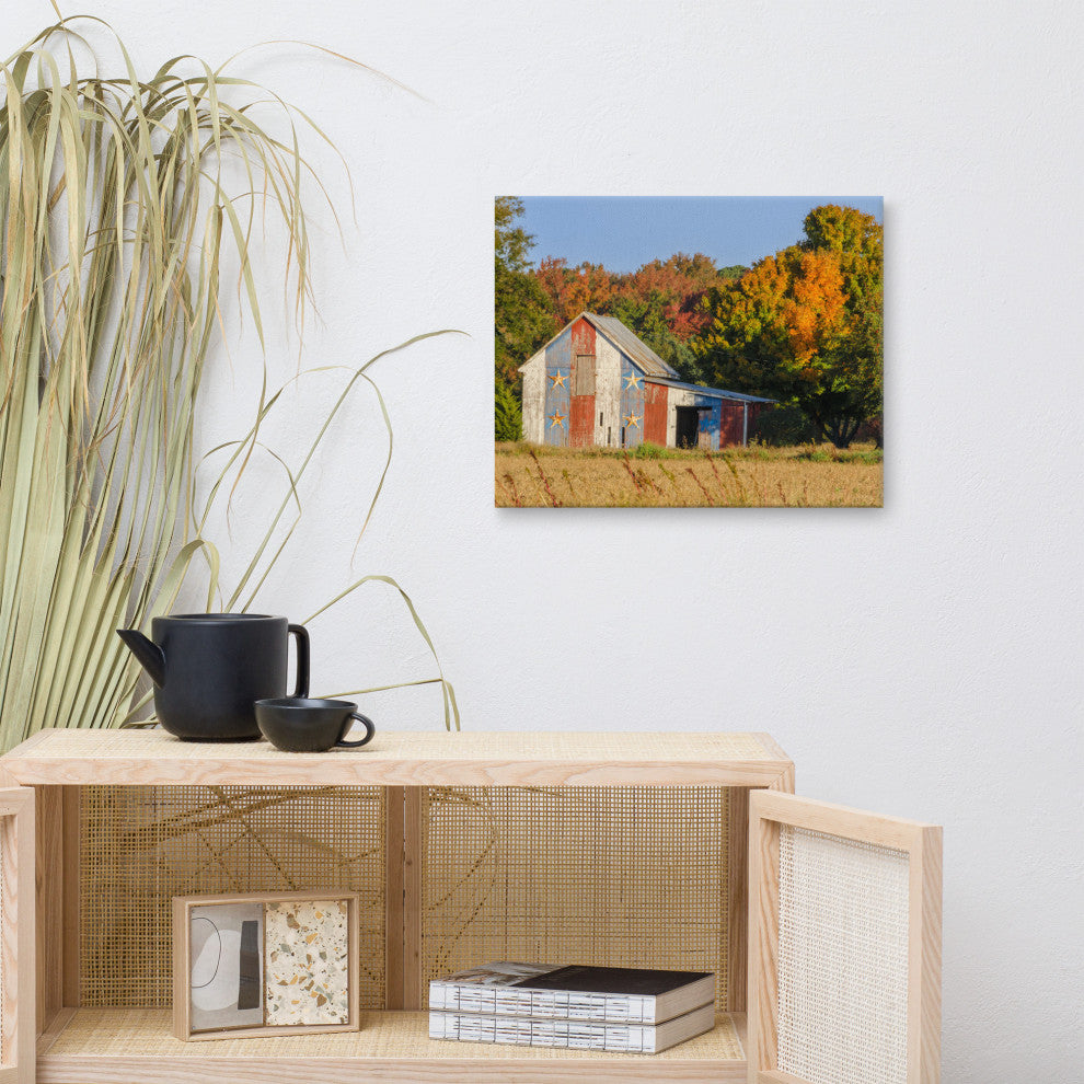 Patriotic Barn in Field Traditional Rural Canvas Wall Art Print, 16" X 20"