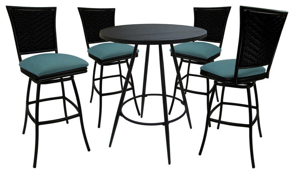 Outdoor Patio Bar Pub Set - 30" Erin Stools - Black Frame, Aqua Linen - Black, 30"
