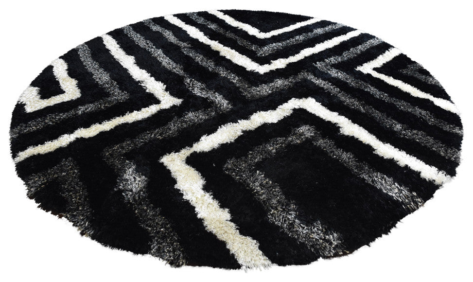 Hand Tufted Shag Polyester Area Rug Geometric Black Beige, 8'x8' Round