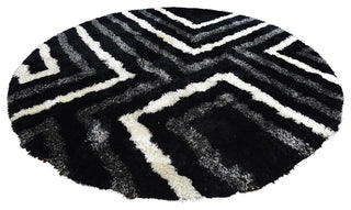 Hand Tufted Shag Polyester Area Rug Geometric Black Beige, 8'x8' Round