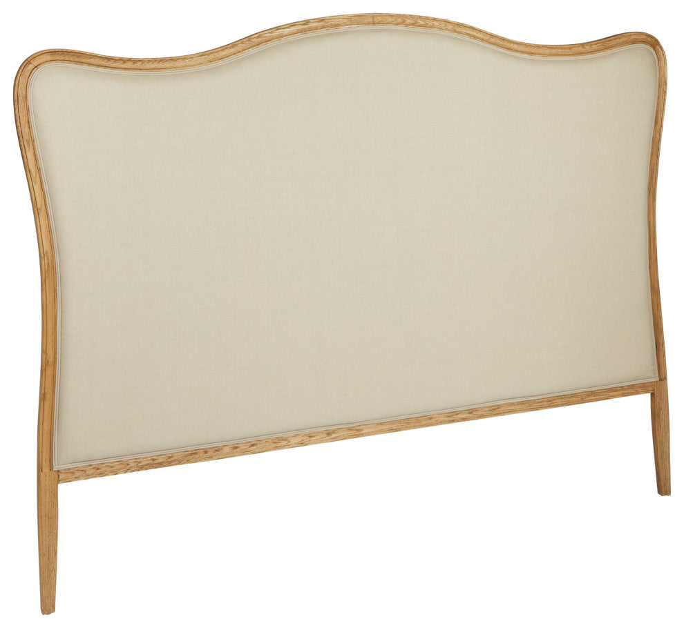 Elegant Oak Wood King-Size Headboard With Linen Upholstery, Natural and Beige