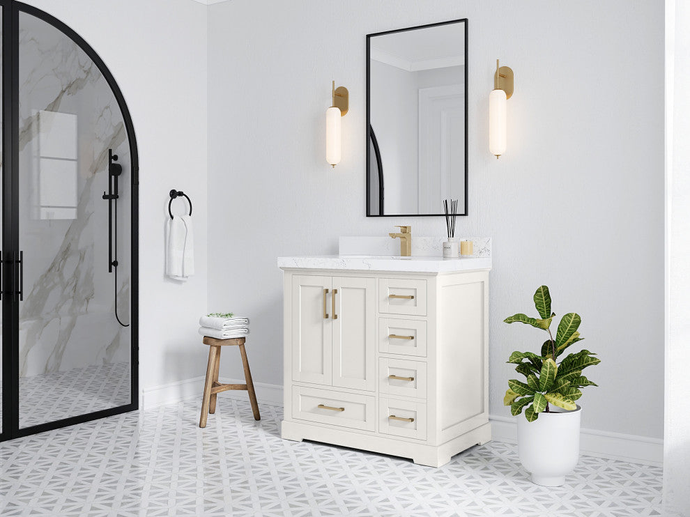 Boston 36" Center Sink Bath Vanity in Alabaster 2" Carrara Marble