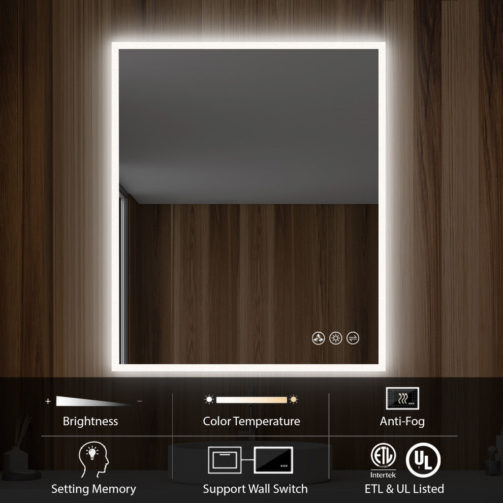 Fogless, Dimmable, Color Temperature Adjustable LED Mirror, 30x36