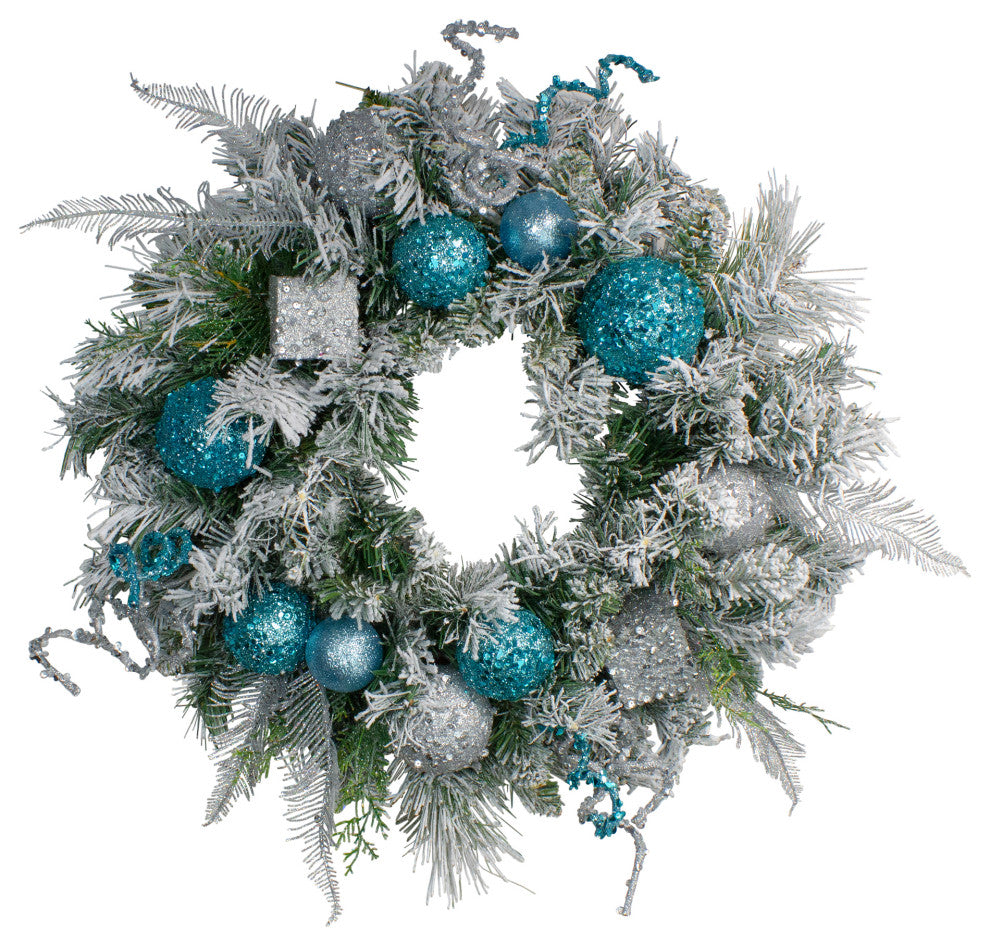 24" Flocked Sequin Ornaments Artificial Pine Christmas Wreath, Unlit