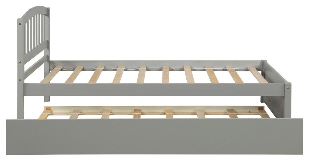 TATEUS Twin Platform Bed With Trundle, Wood Bed Frame With Headboard, Gray