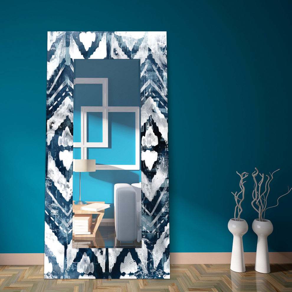 Abstract Rectangular Beveled Mirror on Free Floating Printed Tempered Art Glass