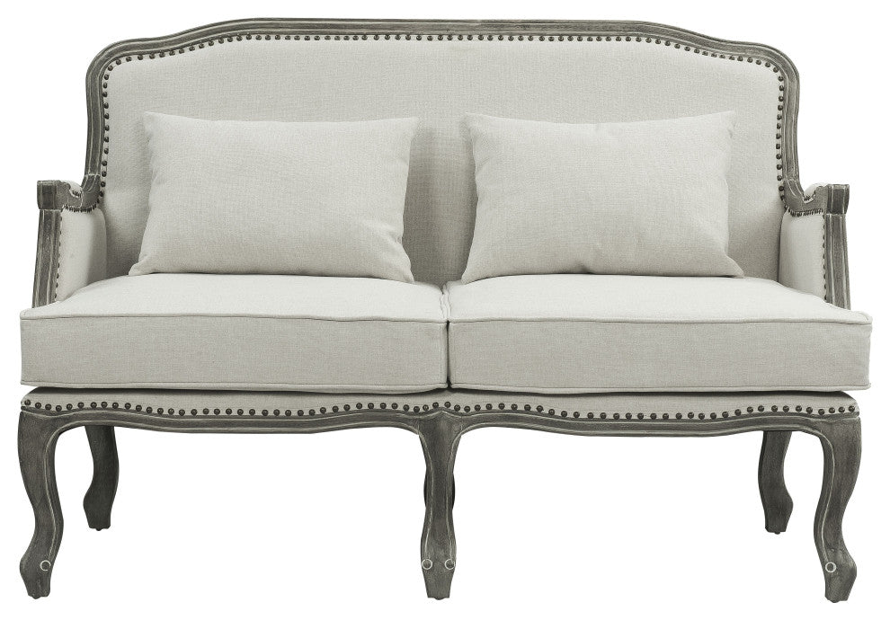 Lv01131 Loveseat With 2 Pillows, Cream Linen and Brown Finish Tania