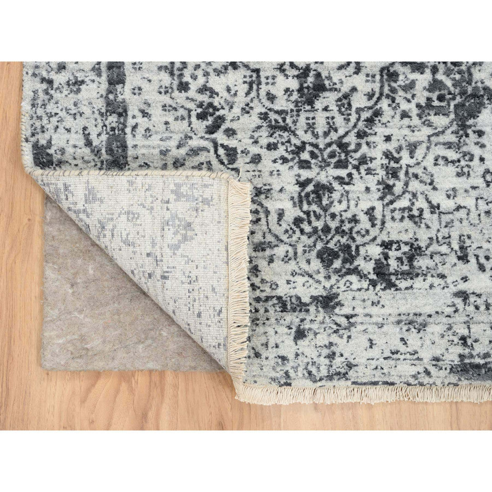 Gray Hand Knotted Erased Persian Design Wool and Silk Runner Rug, 2'7"x12'0"