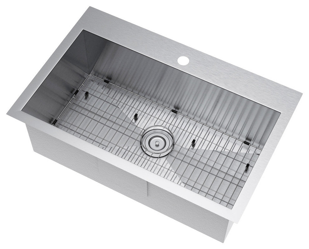Exclusive Heritage 33"x22" Single Bowl Topmount Stainless Steel Kitchen Sink, With Strainer and Grid