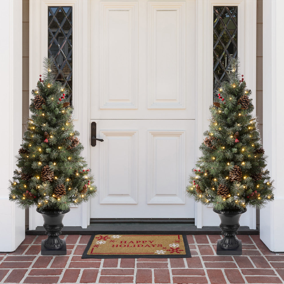4' Flocked Christmas Tree With 100 Warm White Light, Pinecone and Berries