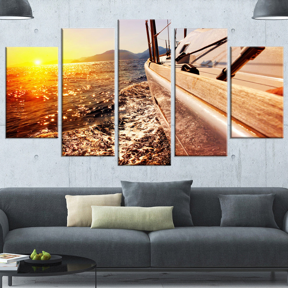 Yacht Sailing against Sunset, Large Seashore Canvas Wall Art, 60"x32", 5 Panels