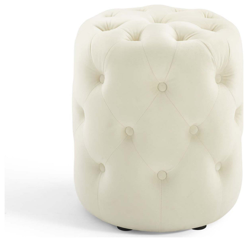 Tufted Accent Chair Ottoman, Round, Velvet, Ivory White, Modern, Lounge