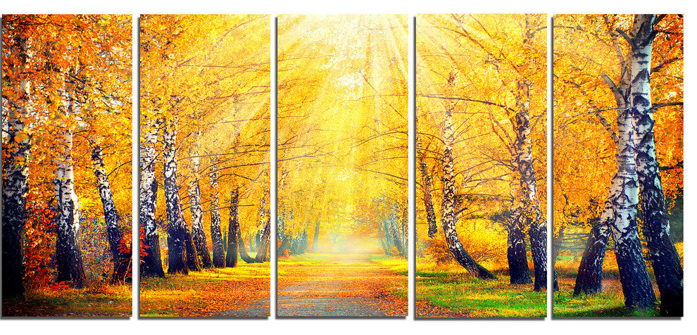 Yellow Autumn Trees in Sunray, Large Landscape Canvas Print, 60"x28", 5 Panels
