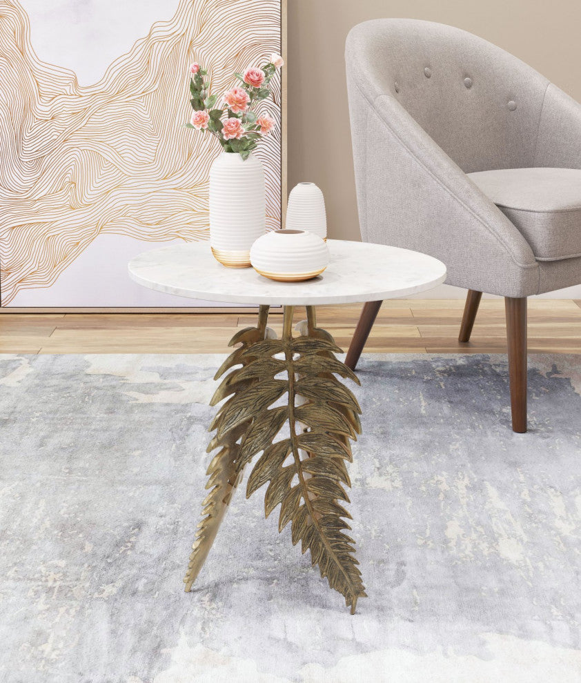 Sofa Side Table, Round, Artificial Marble, Aluminum Metal, White, Gold, Lounge