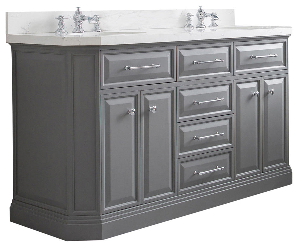60" Palace Quartz Carrara Cashmere Gray Vanity With Hardware, Faucets in Chrome