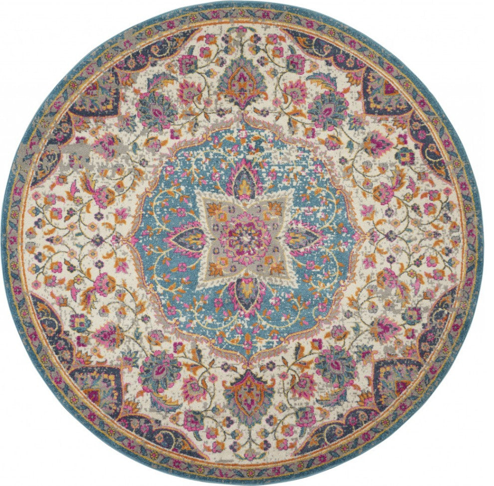 5' Pink And Green Round Dhurrie Area Rug