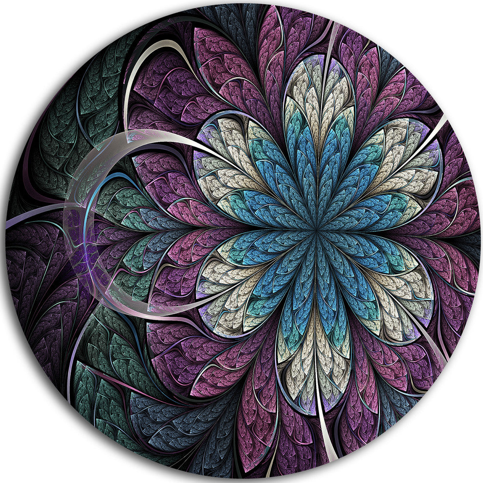 Purple Blue Rounded Fractal Flower, Floral Disc Metal Wall Art, 23"