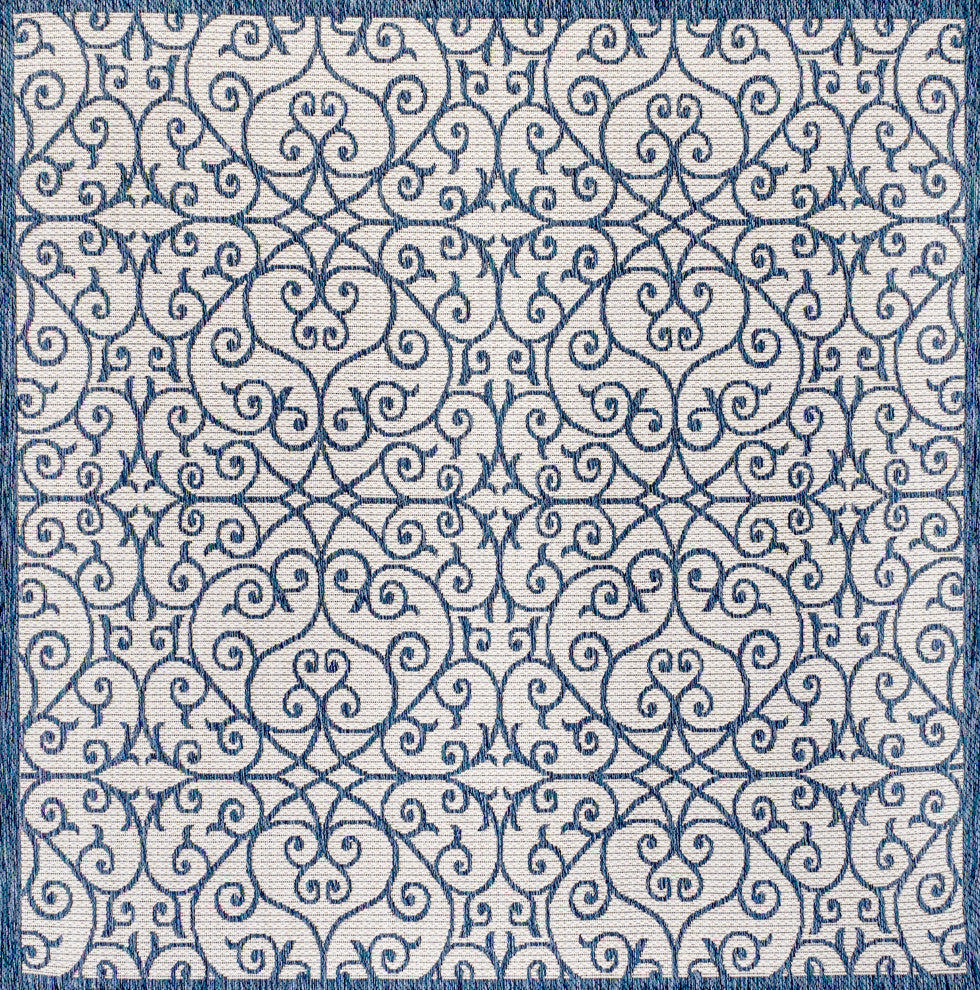 Madrid Vintage Filigree Textured Weave Indoor/Outdoor, Cream/Blue, 5' Square