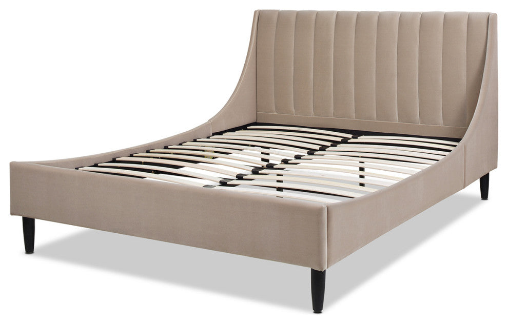 Aspen Modern Vertical Tufted Upholstered Platform Bed, Mink Beige Performance Velvet, Queen