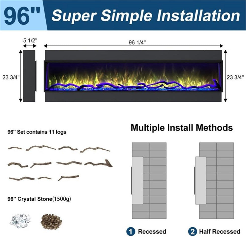 ALEXENT Recessed 96" black Electric Fireplace WiFi Remote Wall Mount Flame Color