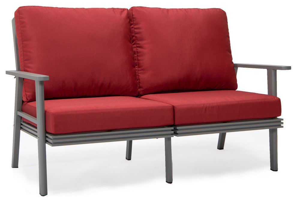 LeisureMod Walbrooke 3-Piece Patio Set With Gray Aluminum Frame and Cushions, Red
