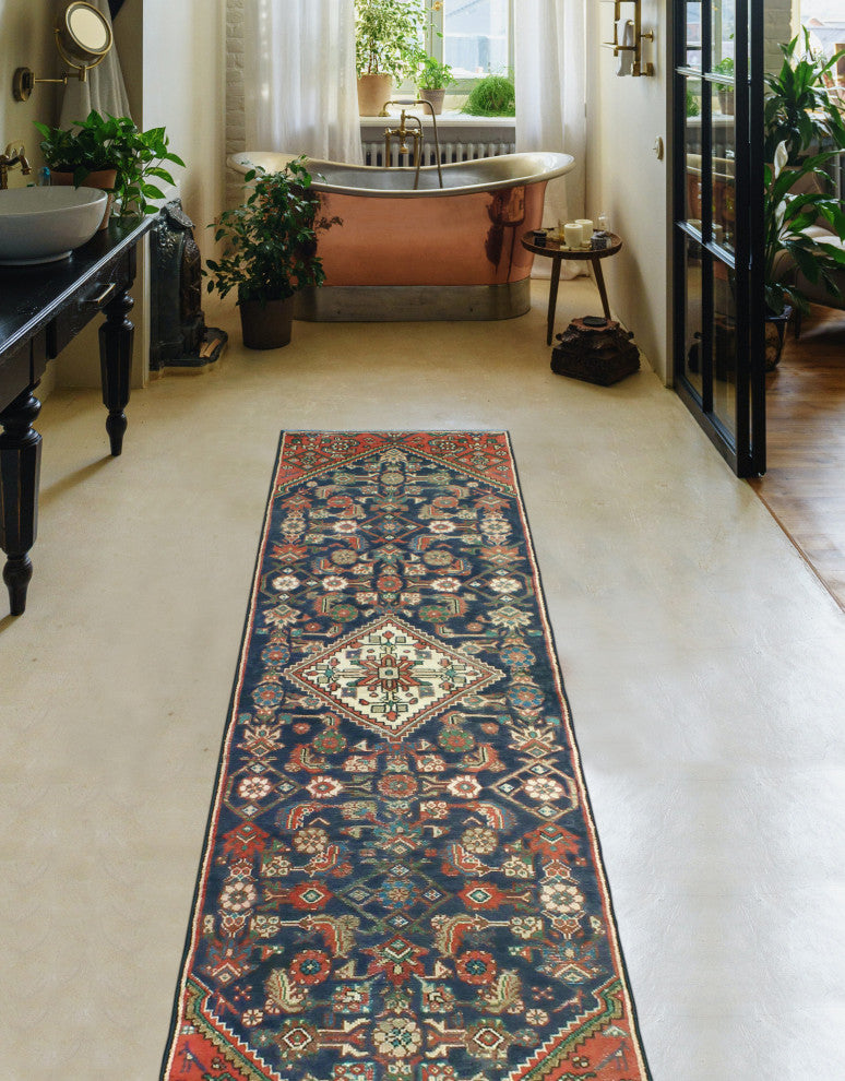 Fine Vintage Distressed Enrique Navy/Rust Runner, 2'4 x 8'11