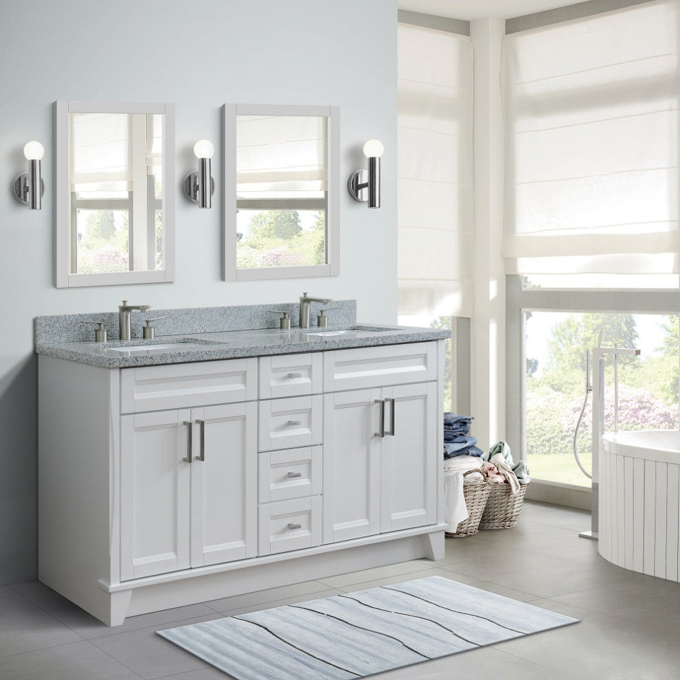61" Double Sink Vanity, White Finish And Gray Granite And Rectangle Sink