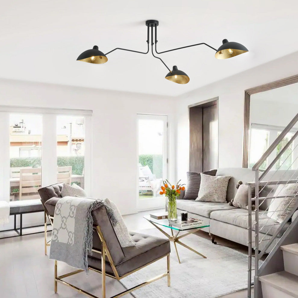 Farmhouse Matte Black 3-Light Semi Flush Mount Ceiling Light with Gold Leaf