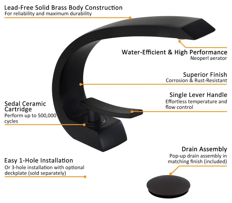 Single Hole 1-Handle Bathroom Sink Faucet Curved Spout with Pop Up Drain, Matte Black