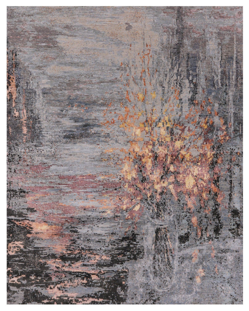 8' 0" X 10' 2" Wool and Silk Modern Branches, a Vase Design Handmade Rug Q8875