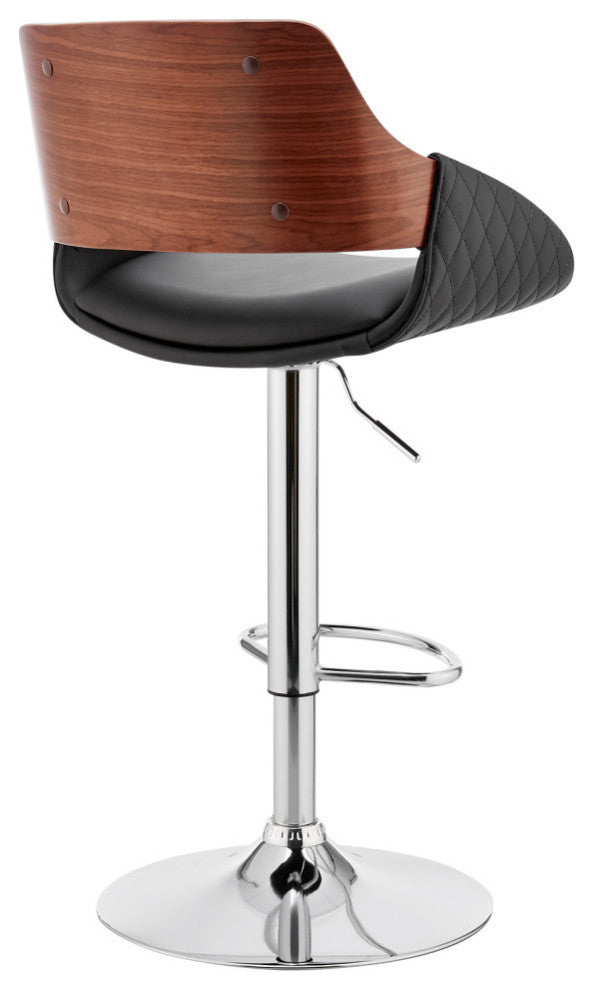 Colby Adjustable Faux Leather and Metal Bar Stool, Black and Chrome