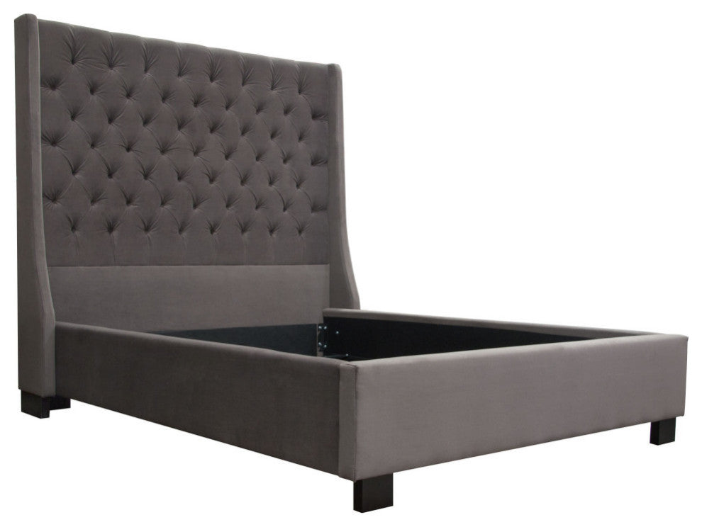 Eastern King Tufted Bed With Vintage Wing, Smoke Gray Velvet