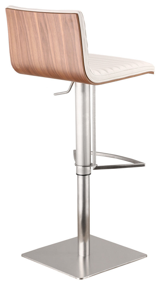 White Faux Leather Armless Swivel Bar Stool With Brushed Stainless Steel Base