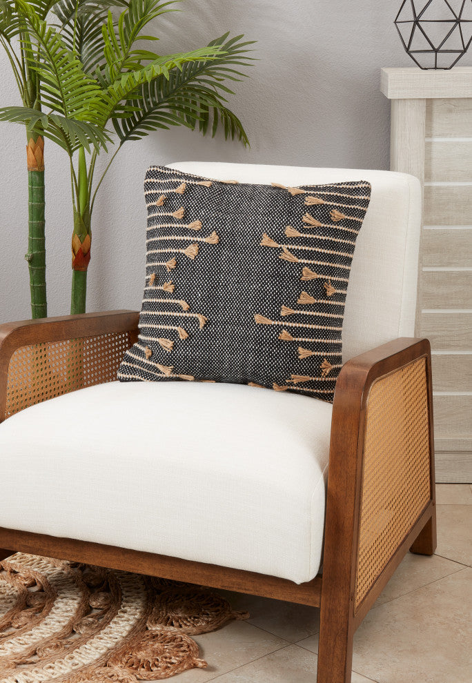Playful Patterns Zig Zag Tassel Throw Pillow Cover, Black, 18"