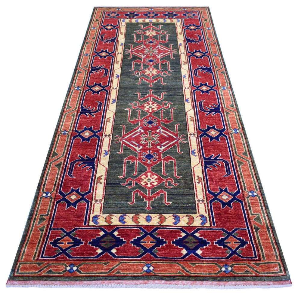 Olive Green Turkeman Ersari Hand Knotted Pure Wool Oriental Rug, 4'0" x 9'8"