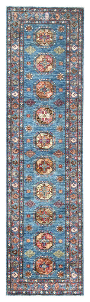 Steel Blue Afghan Super Kazak Wool Hand Knotted Runner Oriental Rug, 2'7"x9'9"