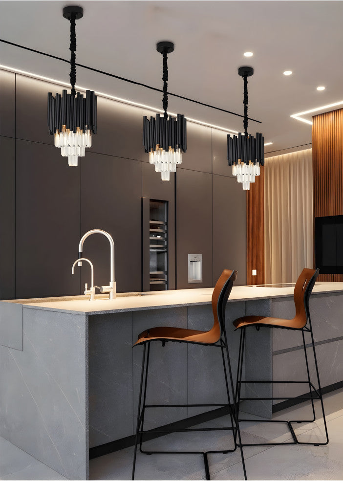 Munsingen | Modern Black Crystal Lighting for Kitchen Island, Cone Crystals, 2 Pcs