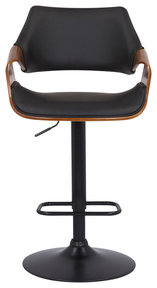 Black Faux Leather and Walnut Wood and Black Swivel Adjustable Bar Stool