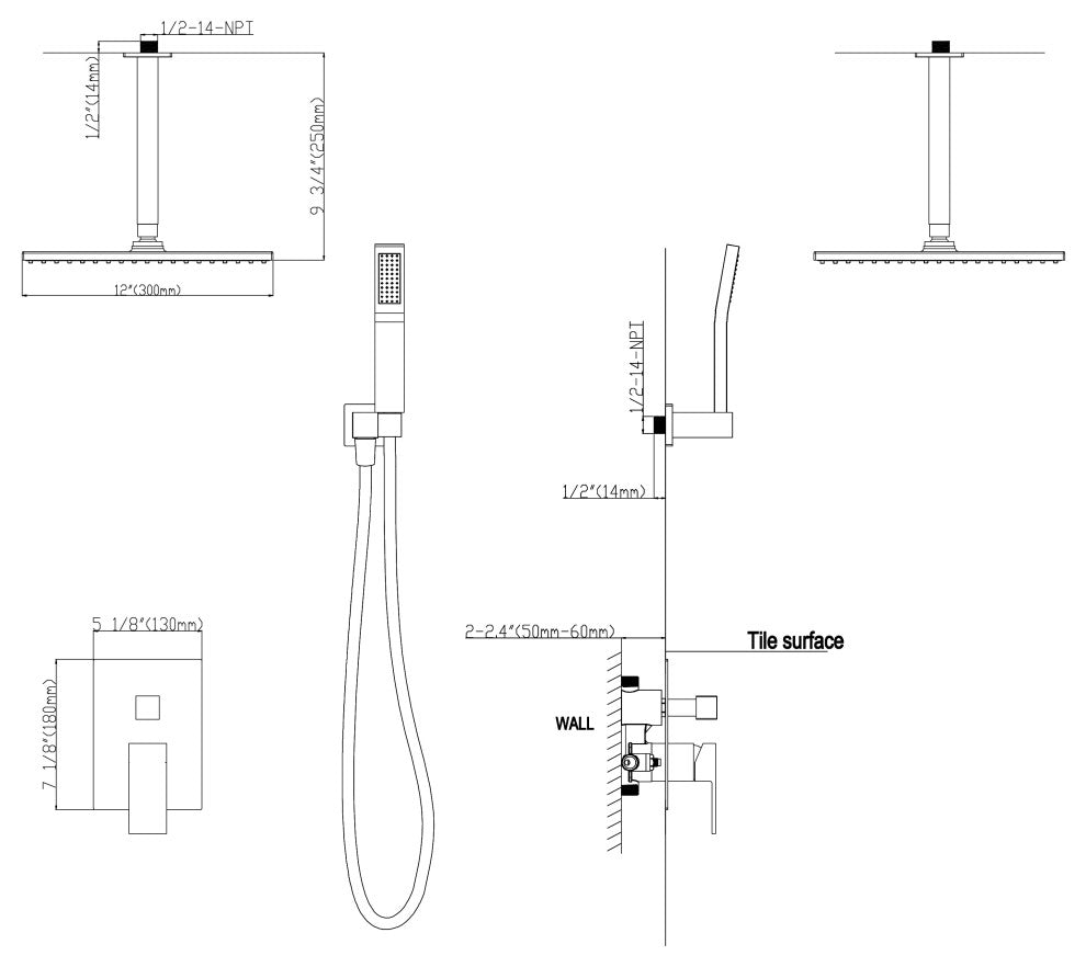Wellfor Shower Faucet, 12" Ceiling Rain Shower Head With Handheld Combo Set, Brushed Nickel