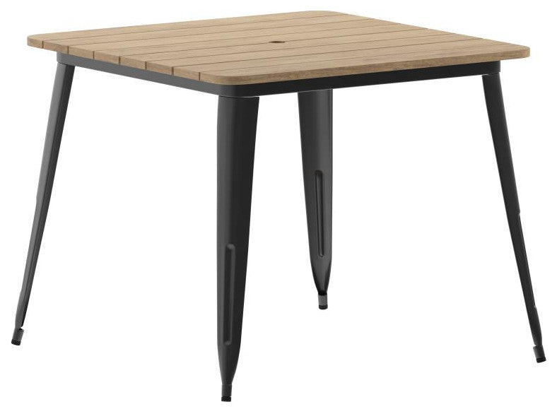 Declan Commercial Indoor/Outdoor Dining Table with Umbrella Hole, 36" Square, Brown/Black
